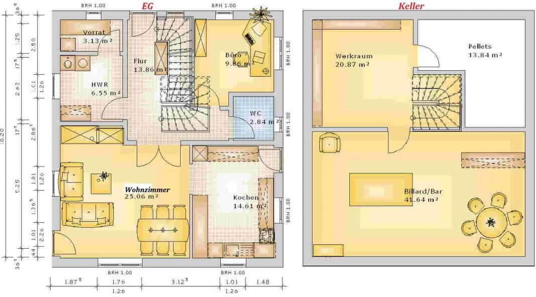 Grundriss EG/Keller: Wohnzimmer, Küche, Büro, Flur, WC, Vorrat, HWR; Werkraum, Billard/Bar, Pellets.