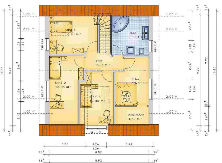 Grundriss Obergeschoss mit Elternschlafzimmer, drei Kinderzimmer, Bad, Flur, Ankleide, Treppe.