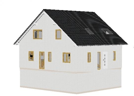 Zweistöckiges, weißes Haus mit dunklem Satteldach und mehreren Fenstern.