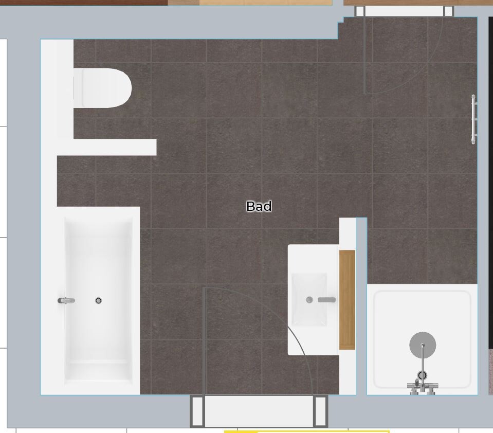 2D bathroom floor plan showing bathtub, shower, and washbasin in the bathroom.
