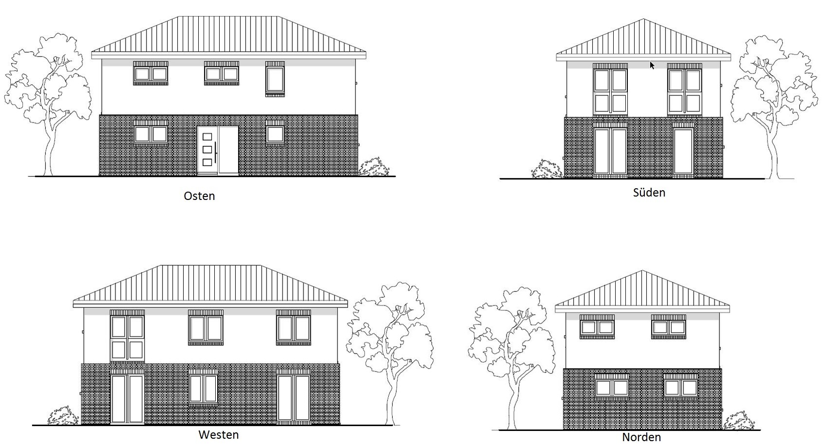 Four elevations of a two-story house with brick base: east, south, west, north.