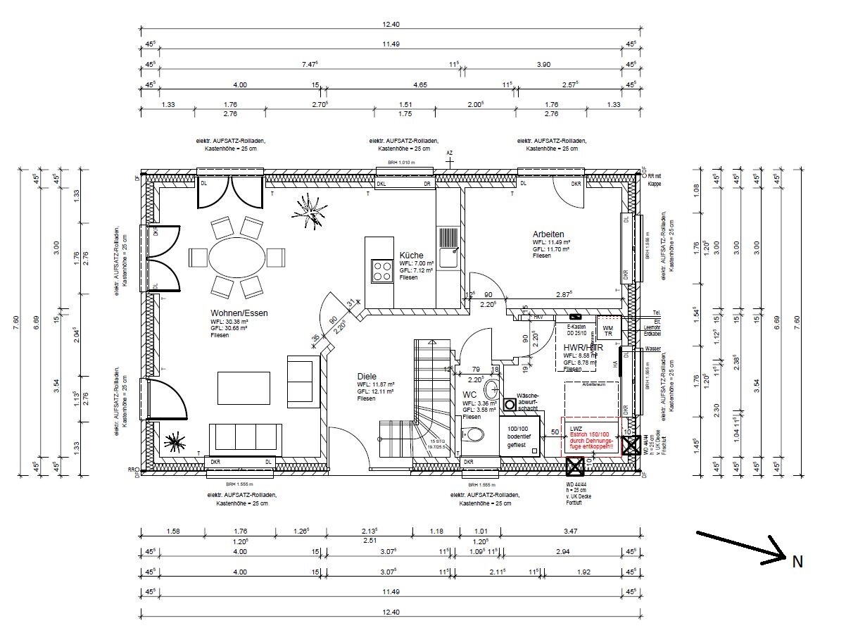 Floor plan of a house with living/dining, kitchen, office, hallway, WC, utility room and stairs; north arrow.