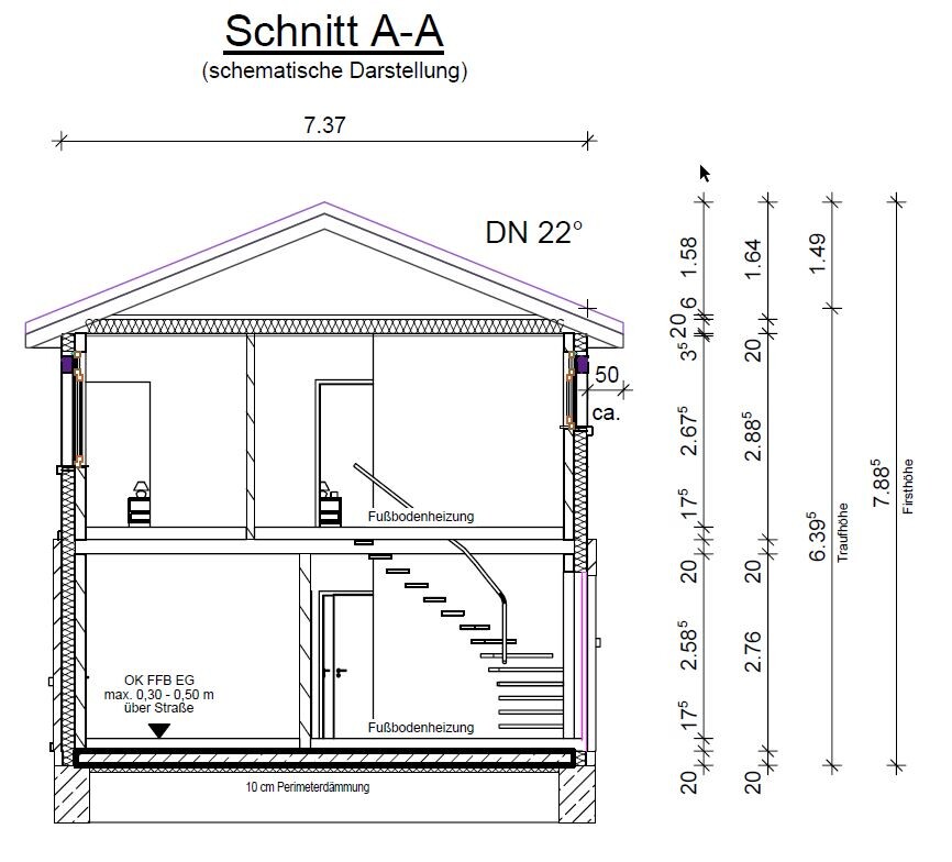 Cross-section A-A through two-story house with stairs, underfloor heating, insulation and roof construction.