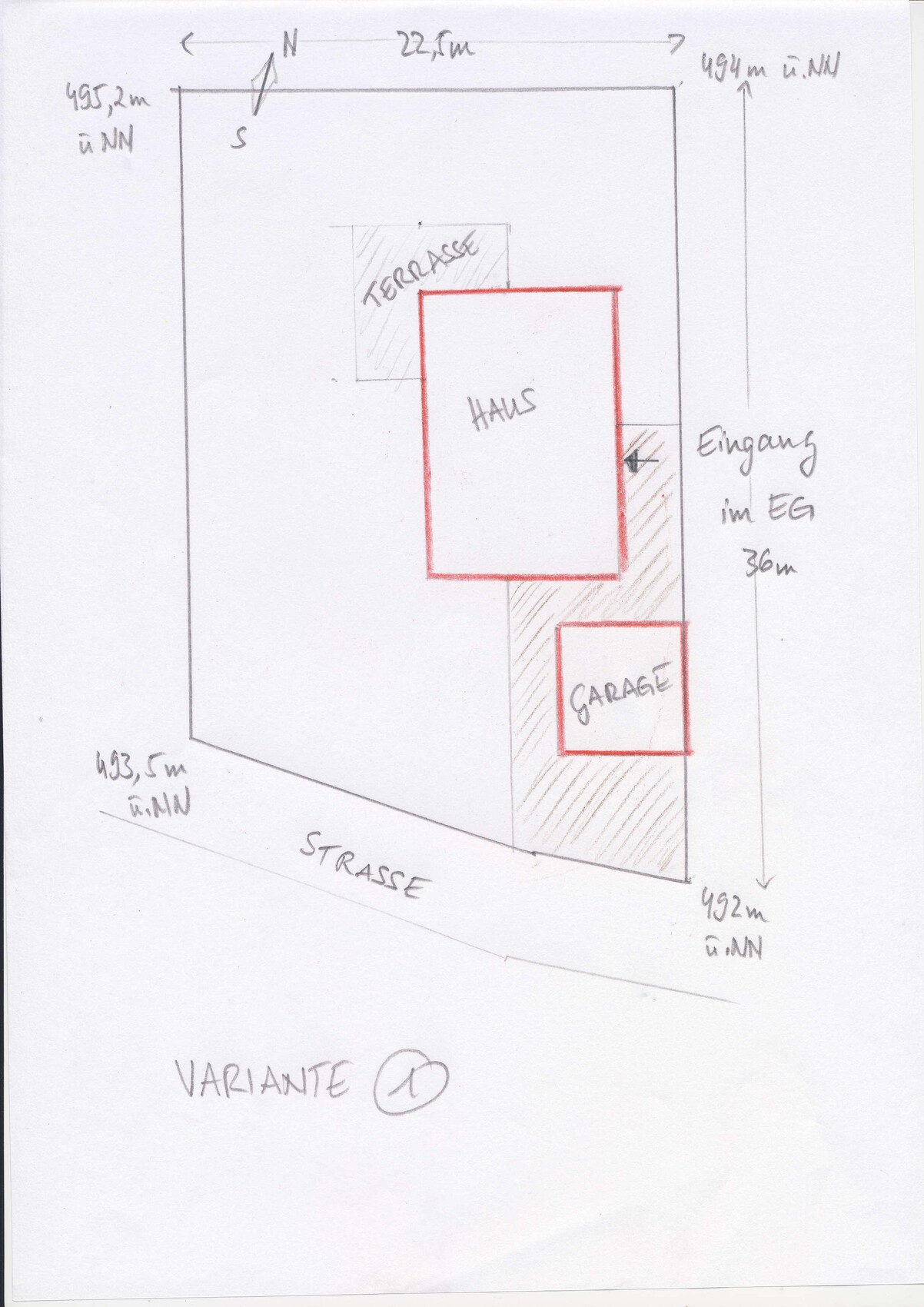 Sketch of a property plan with house, terrace and garage