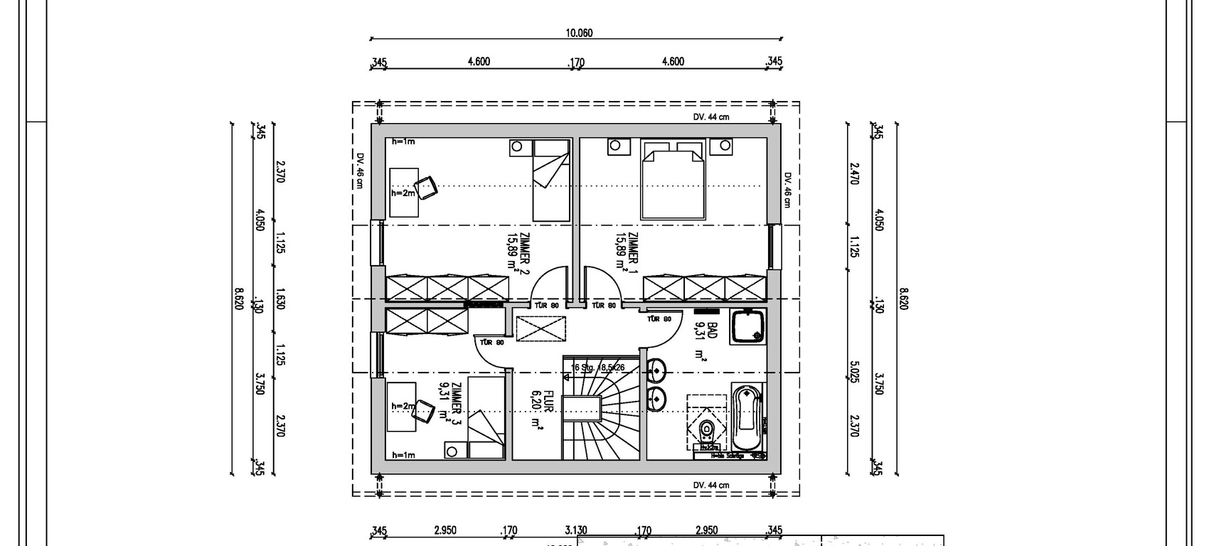 Grundriss eines Obergeschosses: drei Schlafzimmer, Bad, Flur, Treppe und Möbel.