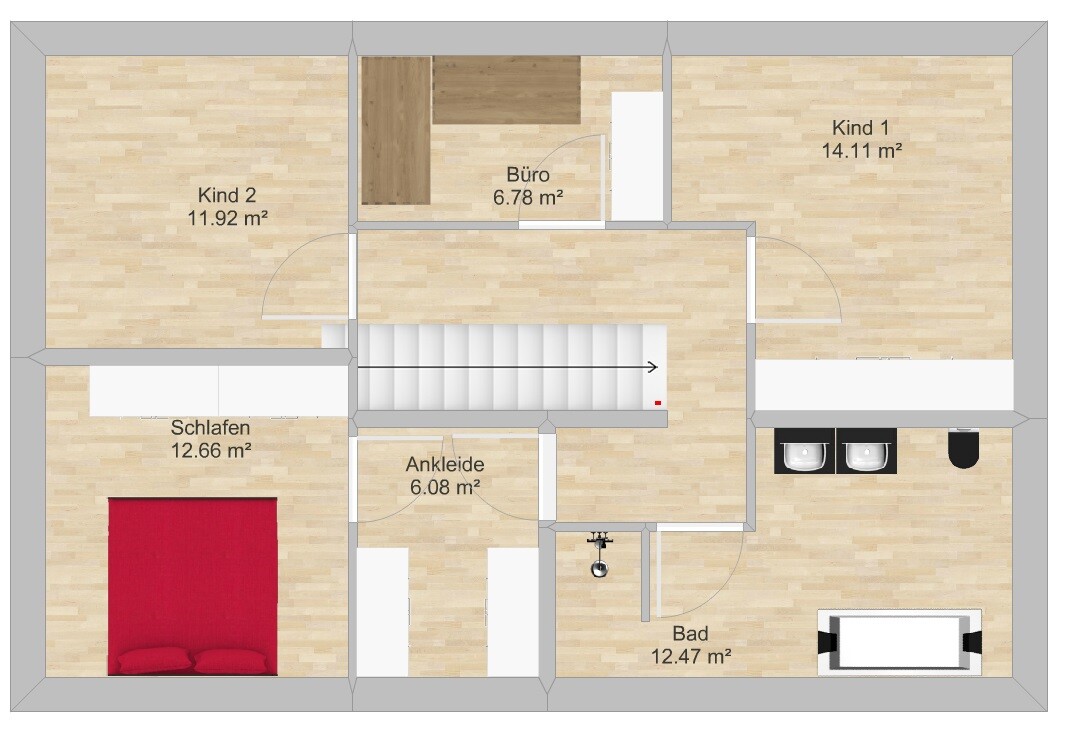 Grundriss eines Obergeschosses mit Schlafzimmer, Ankleide, zwei Kinderzimmer, BĂźro und Bad.