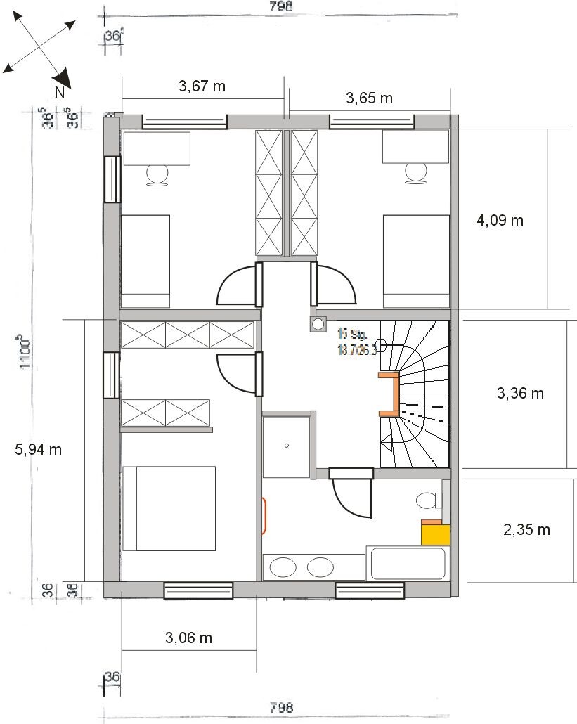 Detaillierter Hausgrundriss mit Treppenhaus, Schlafzimmer, Bad und Küche im Plan