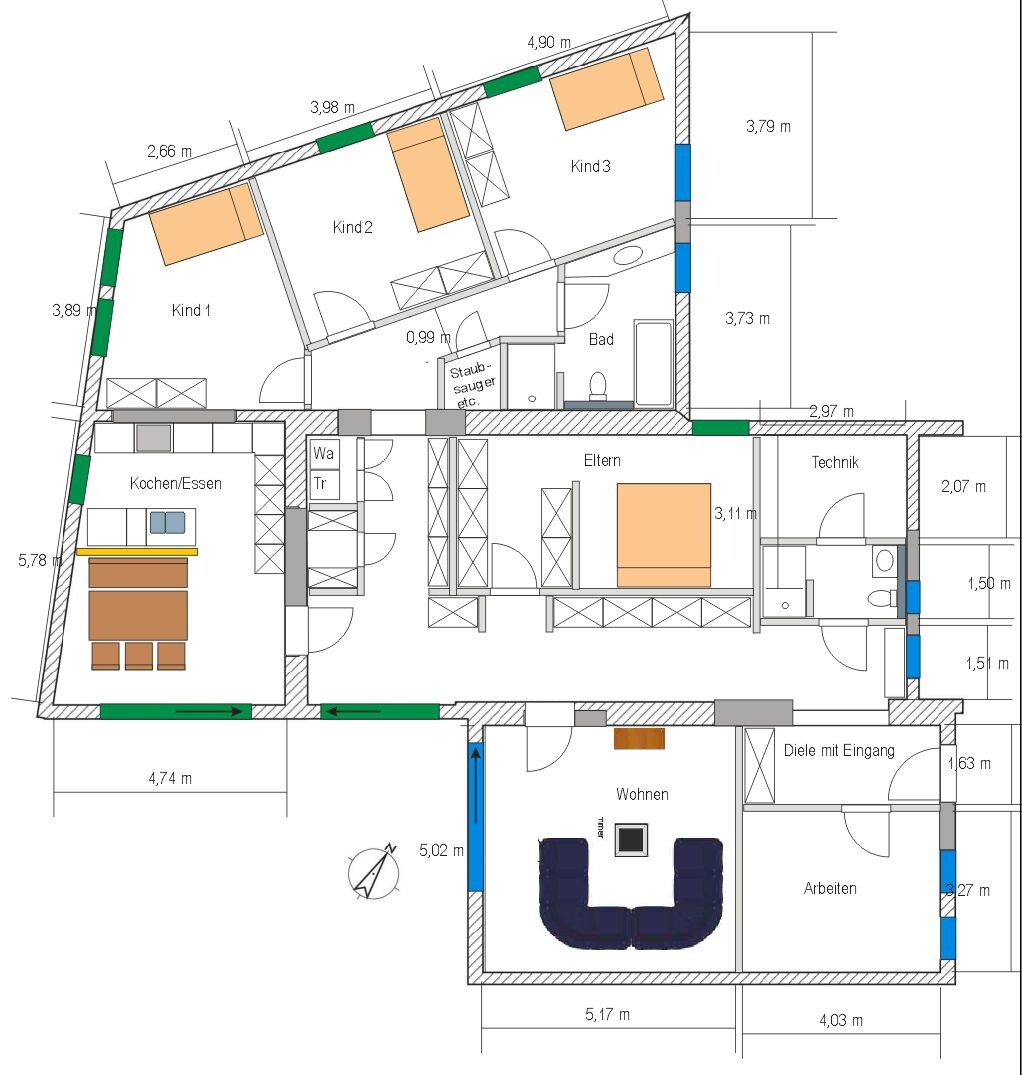 Detailed 2D floor plan of a residential house with kitchen, bathroom, master and children’s rooms