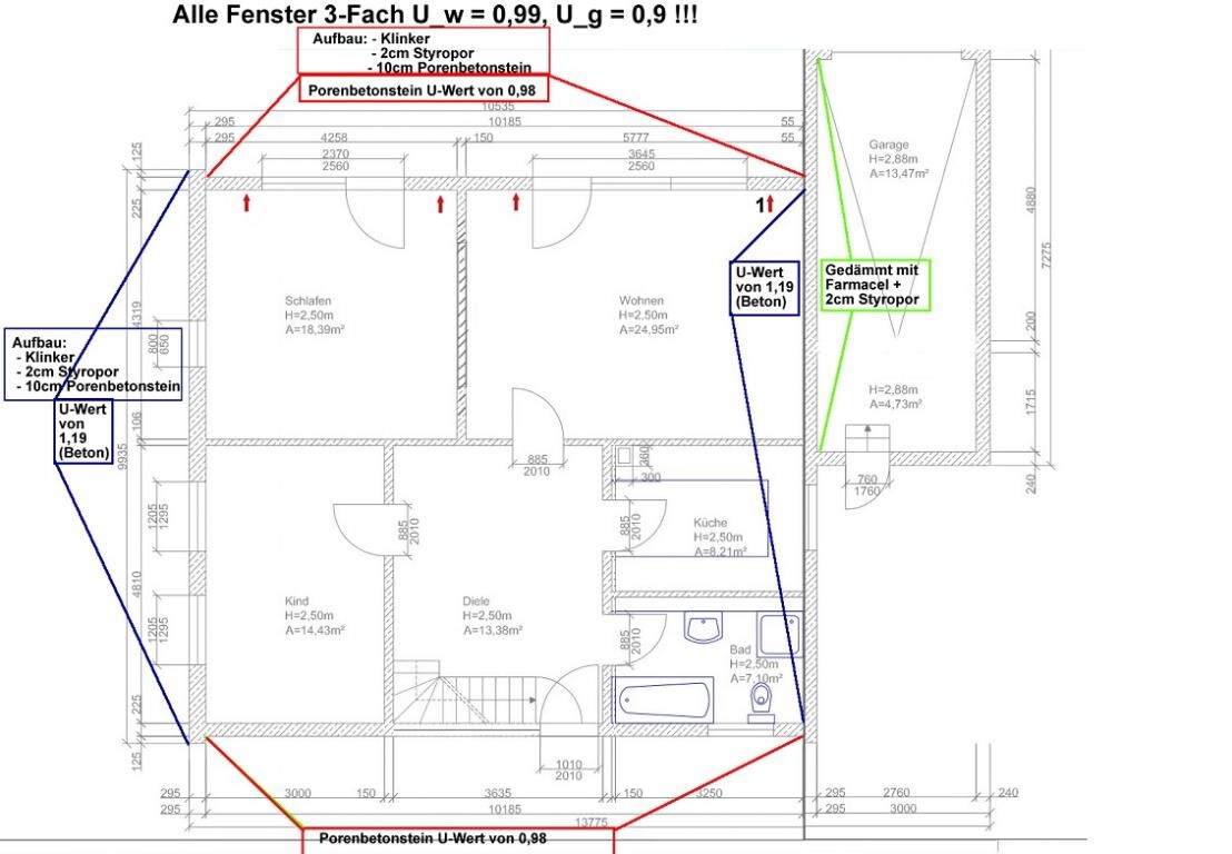 2D house floor plan with room layout, doors, windows and dimensions