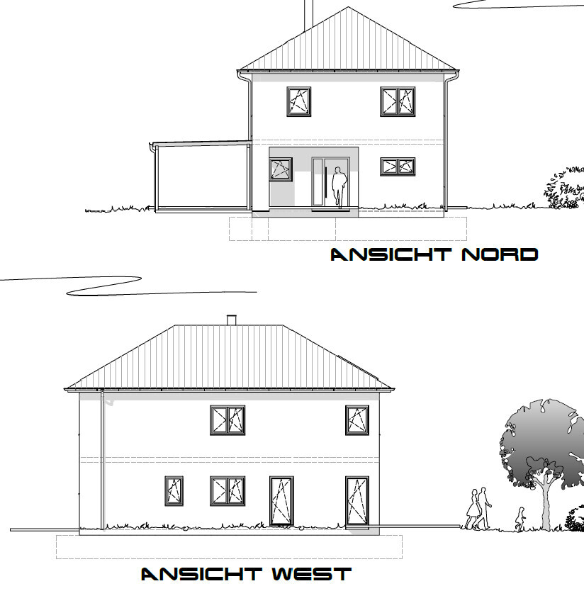 Architectural drawing of a two-story house: north and west views with windows, entrance, garden.