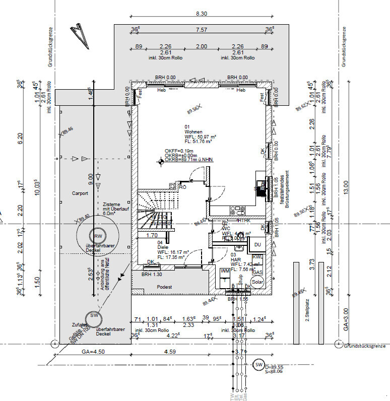 Floor plan of a single-family house with carport, living area, kitchen, bathroom, and dimensions.