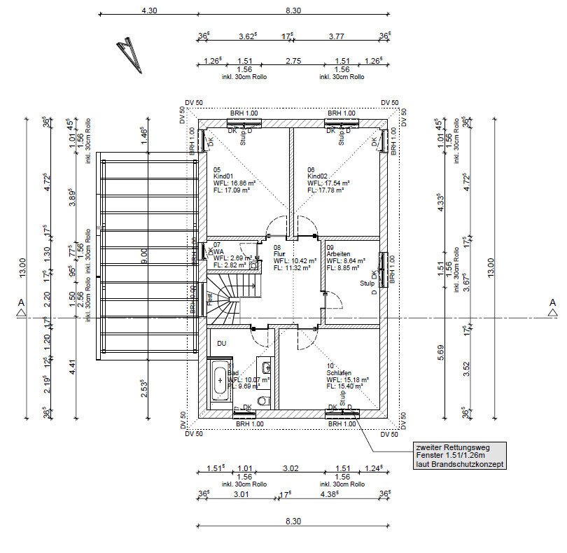 Floor plan of a house with stairwell, hallway, bedroom, two children’s rooms, bathroom, shower.