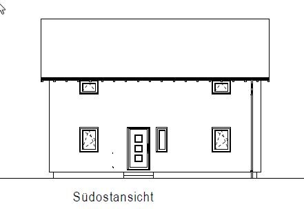 Südostansicht eines Hauses als einfache architektonische Zeichnung mit Tür und Fenstern.