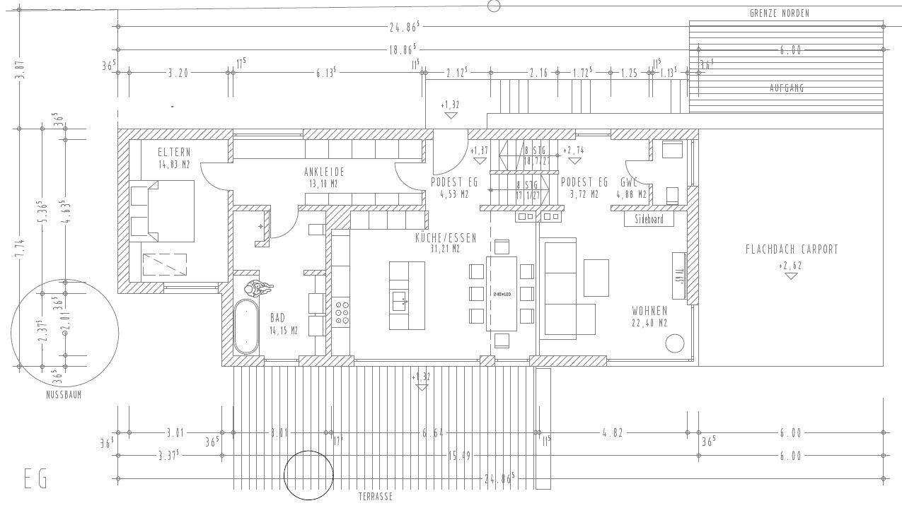 Grundriss eines Wohnhauses: Küche/Essen, Wohnen, Bad, Eltern, Ankleide, Terrasse, Carport