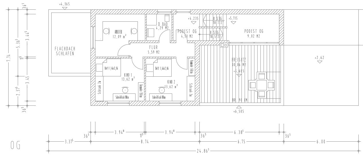 Grundriss eines Hauses mit Flur, Bad, zwei Kinderzimmer, Schlafzimmer und Terrasse mit Esstisch.