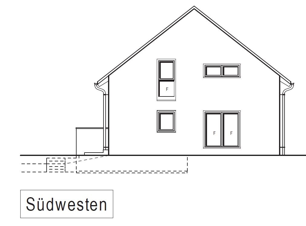 Two-story house view with roof, windows, and doors, facing southwest