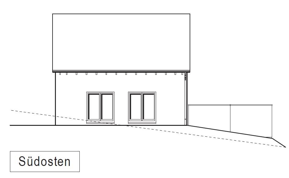 Line drawing of a house facade with a large roof and two windows, facing southeast