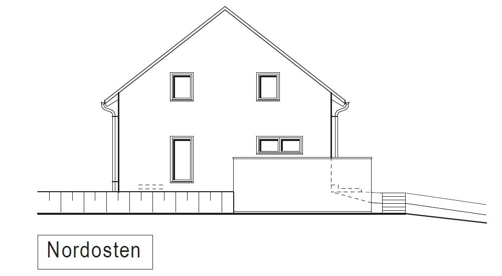 Architectural drawing: residential house view from the northeast with terrace