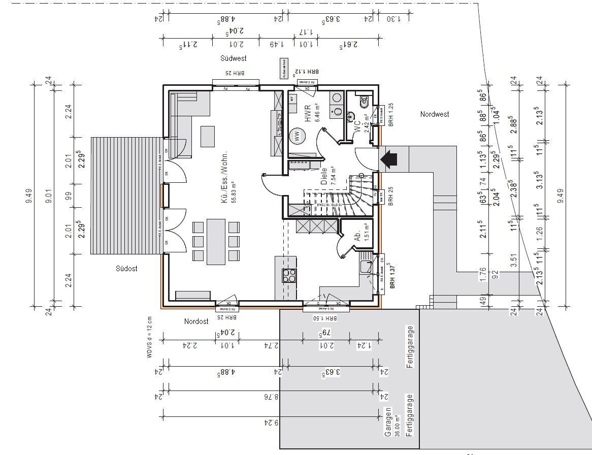 Detailed floor plan with kitchen, living room, bathroom, staircase, and terrace.