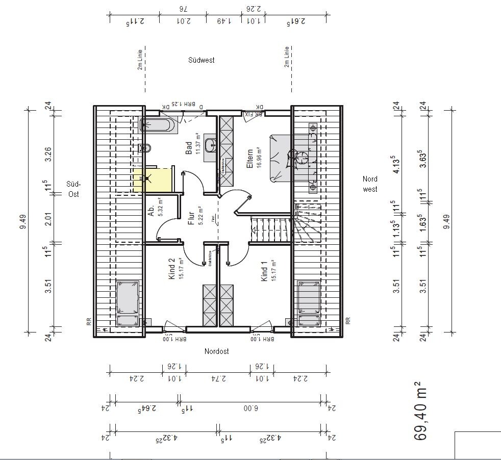 Upper floor plan of a family house with master and children’s bedrooms, bathroom, and staircase