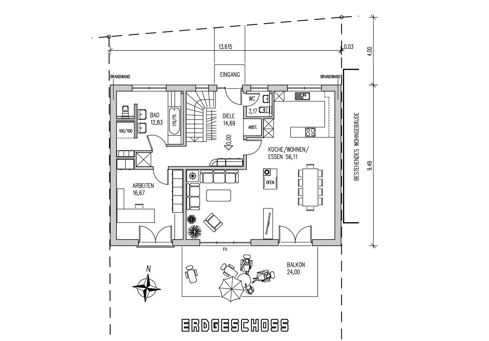Ground floor floor plan of a house with entrance area, hallway, bathroom, office, kitchen/living room.
