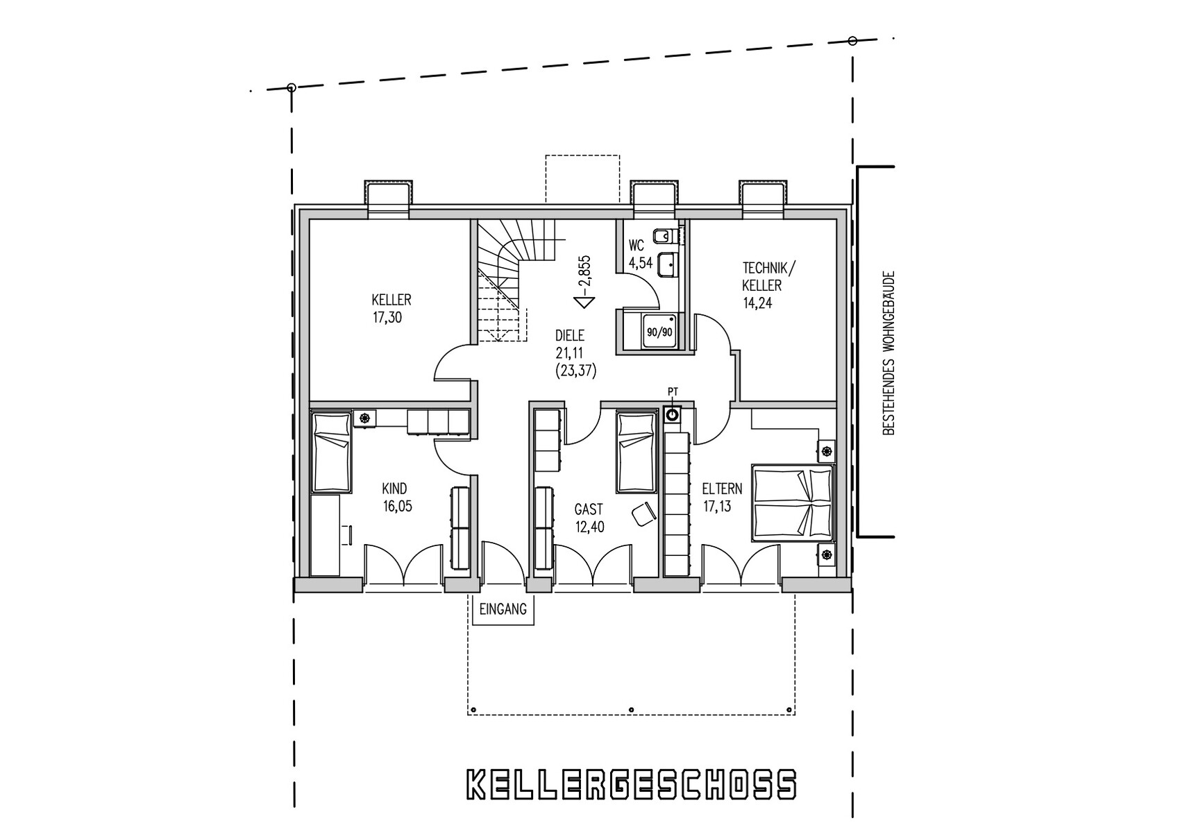 Basement floor plan with cellar rooms, hallway, stairs, and technical room