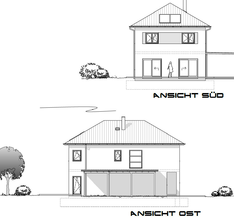 Architektenzeichnung: Haus-Südansicht mit Türen und Person; Ostansicht mit großen Glasfronten.