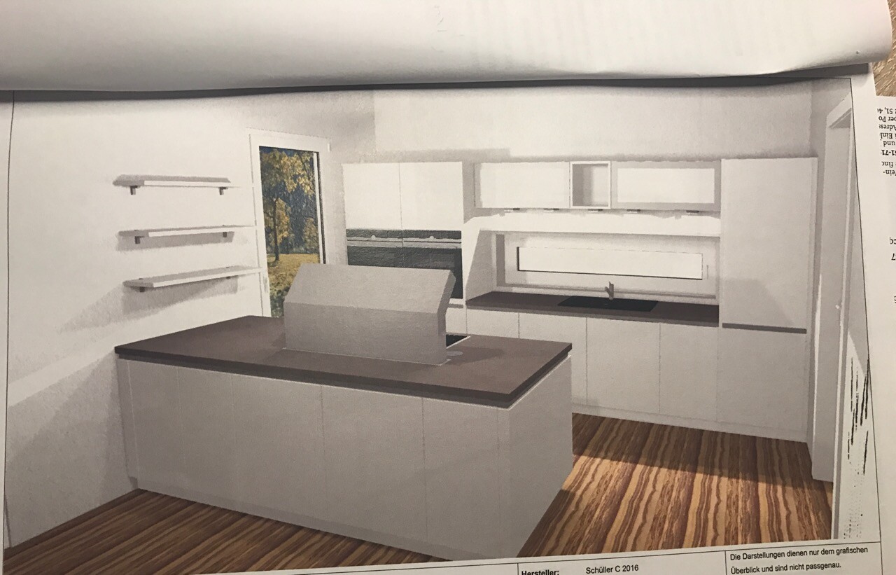 Moderne Küche in 3D mit Insel, weißen Schränken und Holzboden