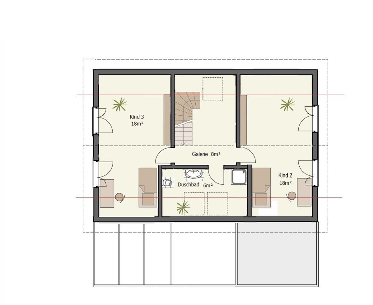 Obergeschoss-Grundriss eines Hauses mit Kind 2, Kind 3, Duschebad, Galerie und Treppenaufgang