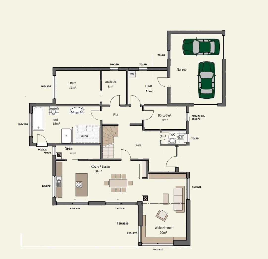 2D house floor plan with garage, kitchen, living room, terrace, and garden