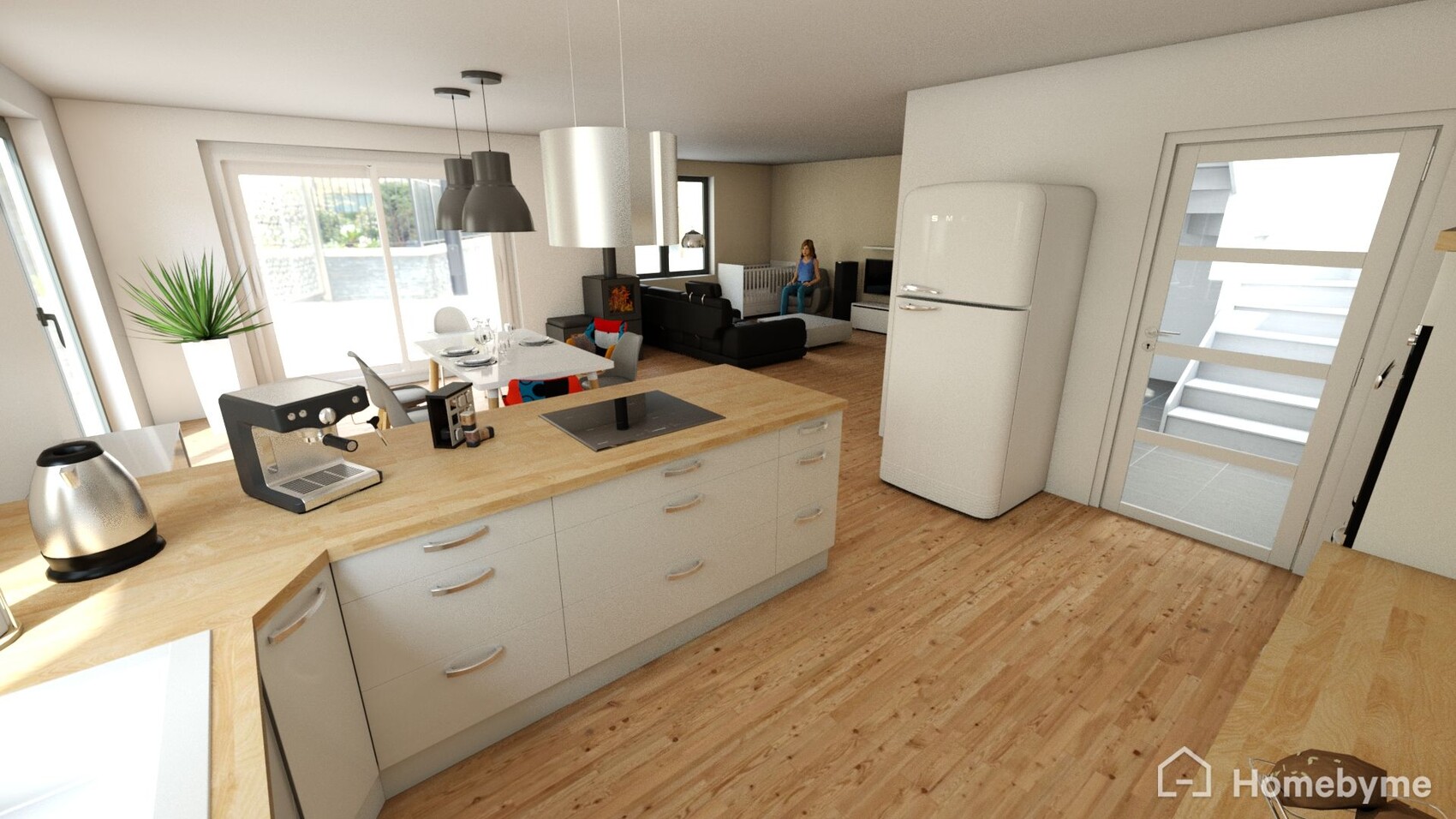 Open kitchen with island, refrigerator, espresso machine; living room with person sitting on sofa.