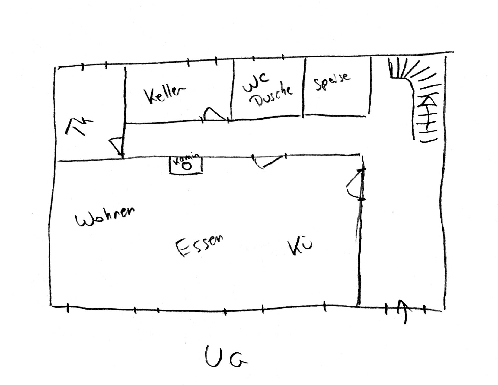 Sketchy basement floor plan with living, dining, kitchen, cellar, and WC/shower