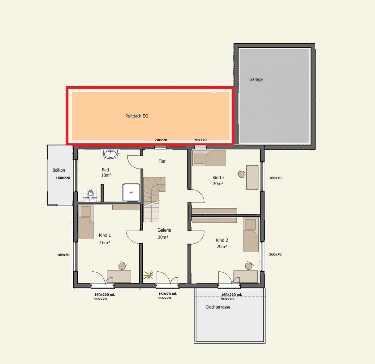 2D house floor plan with hallway, bedrooms, bathroom, kitchen, balcony, and roof terrace