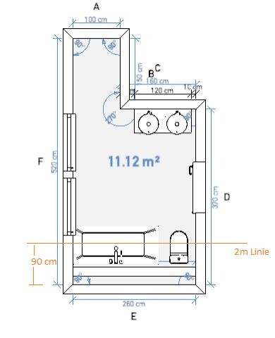 Small bathroom floor plan with double washbasin, toilet, and bathtub.