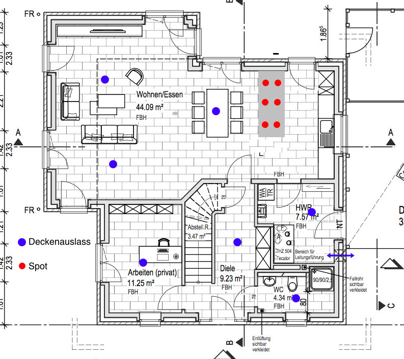 2D floor plan of a living and dining area with open kitchen, stairs, and entrances.