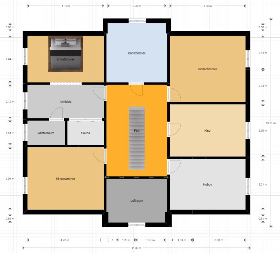 Floor plan of a house with central hallway and rooms such as bedroom, bathroom, and children's rooms