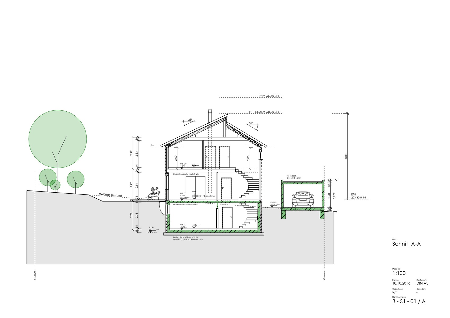 Cross-section A-A: two-story house with garage, stairs; surroundings with trees on the left.
