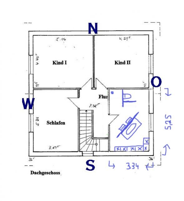 Floor plan attic with bedroom, two children’s rooms, hallway and stairs