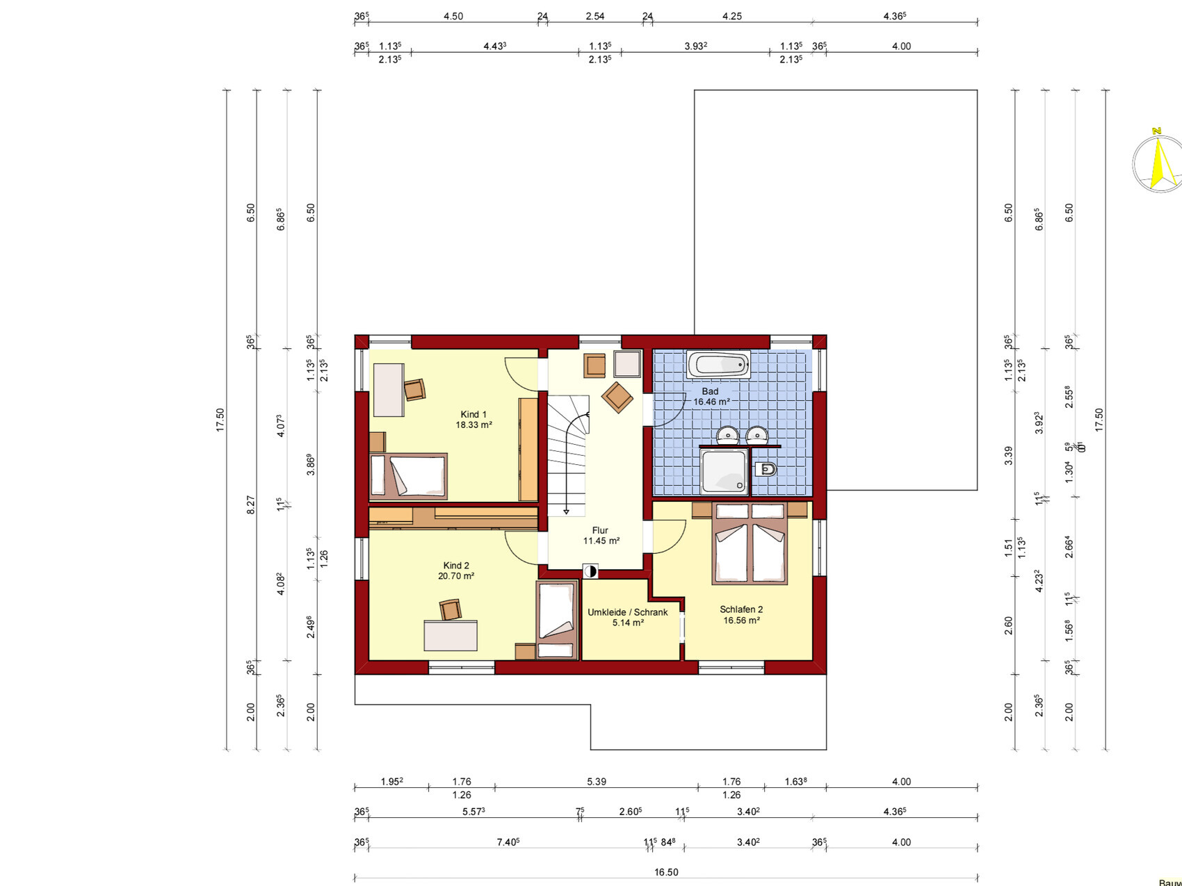 Grundriss des oberen Stockwerks eines Hauses mit zwei Kinderzimmern, Schlafzimmer und Bad