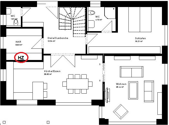 Grundriss eines Hauses mit Küche, Essen, Wohnzimmer, Schlafen, Diele und WC