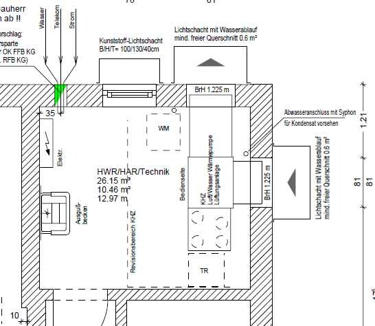 2D floor plan of a house with utility/technical room, stairs and doors, dimension details.