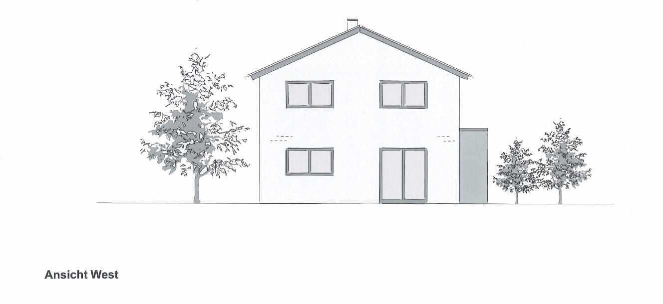 West view of a two-story house with windows, door and trees beside the building
