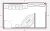 2D floor plan of living and kitchen area with red line drawing and kitchen island