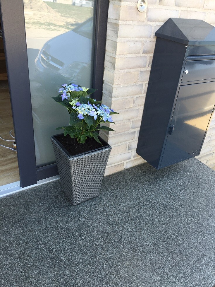 Blue hydrangea in a gray square pot in front of glass door and mailbox at the entrance.