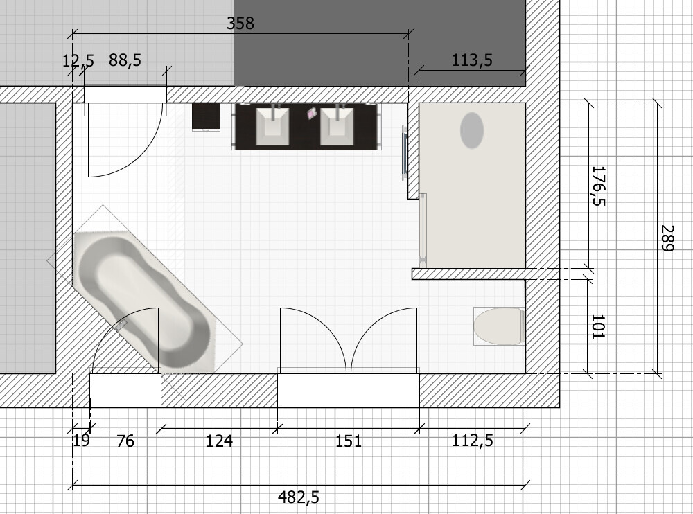 Grundriss eines Badezimmers: Badewanne links, Doppelwaschbecken in der Mitte, Toilette rechts.