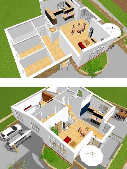 3D-Hausmodell mit Grundriss: Wohn- und Essbereich, Treppen, Türen und Garten.