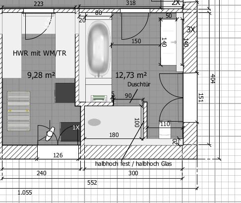 Detaillierter 2D-Badgrundriss mit Badewanne, Dusche und Sanitärbereich