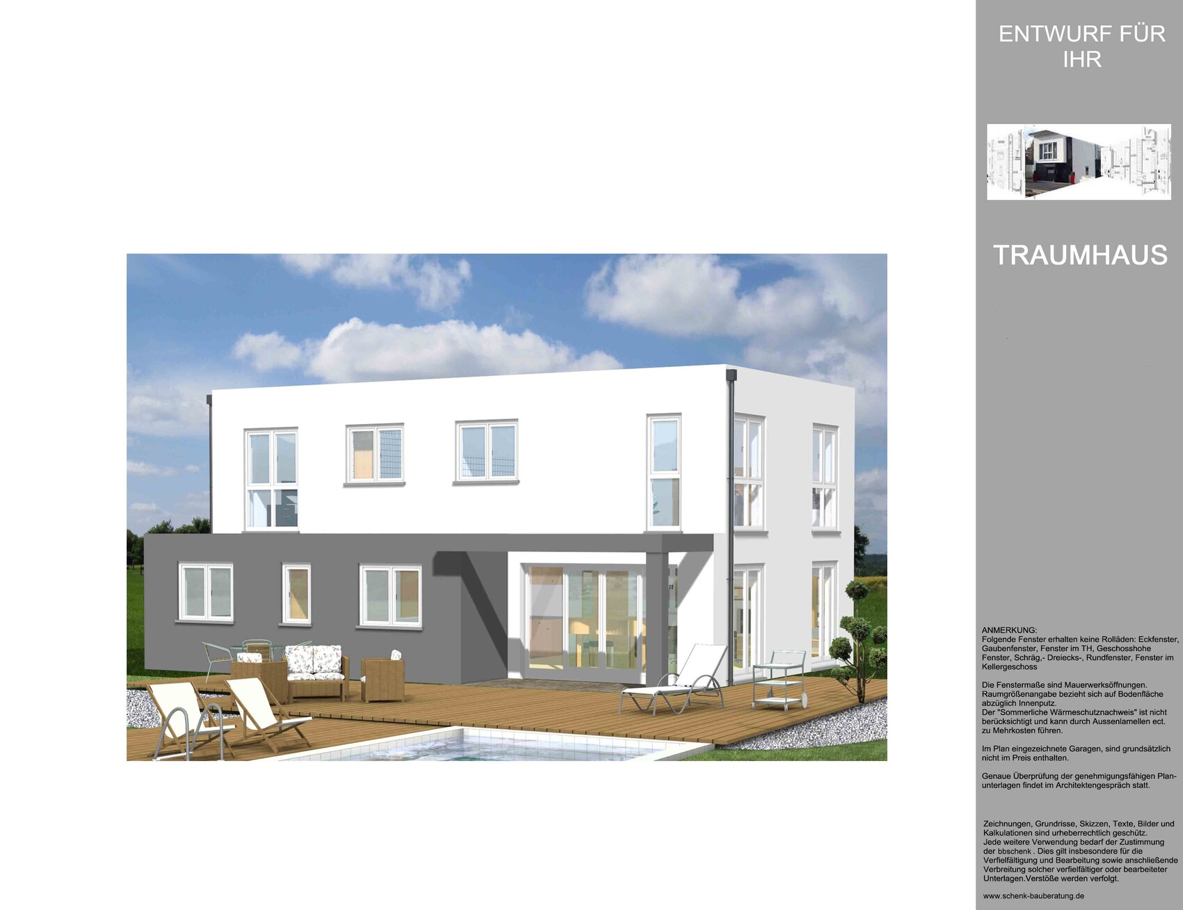 Modern two-story house: white facade above, gray facade below, wooden terrace.