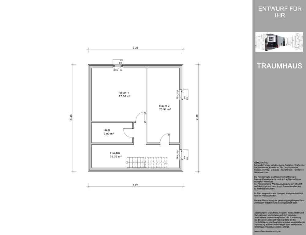 Floor plan of a house: Room 1, Room 2, utility room, basement hallway, staircase, dimensions 9.28 x 10.16 m.