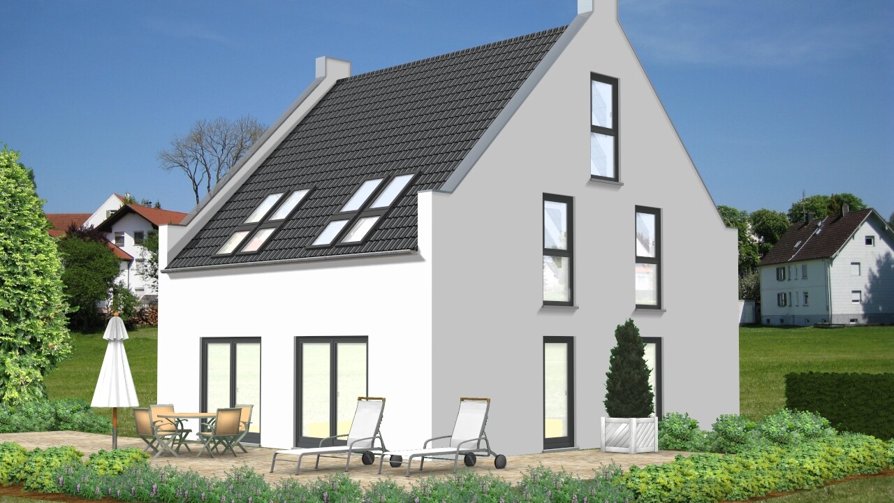 Modern house with gray roof, garden, terrace, and lounge chairs.